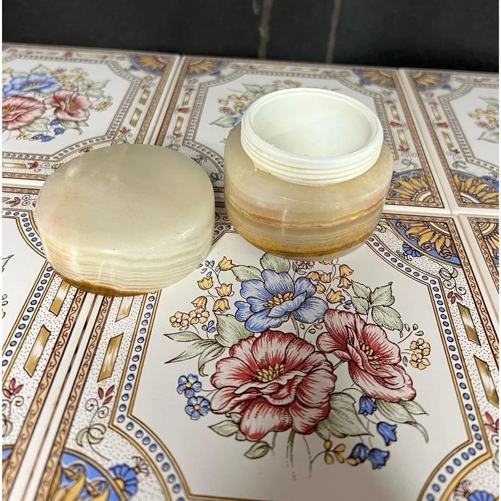 Vintage Onyx Marble Trinket Box Round Natural Stone Jewelry Jar with Lid Cream